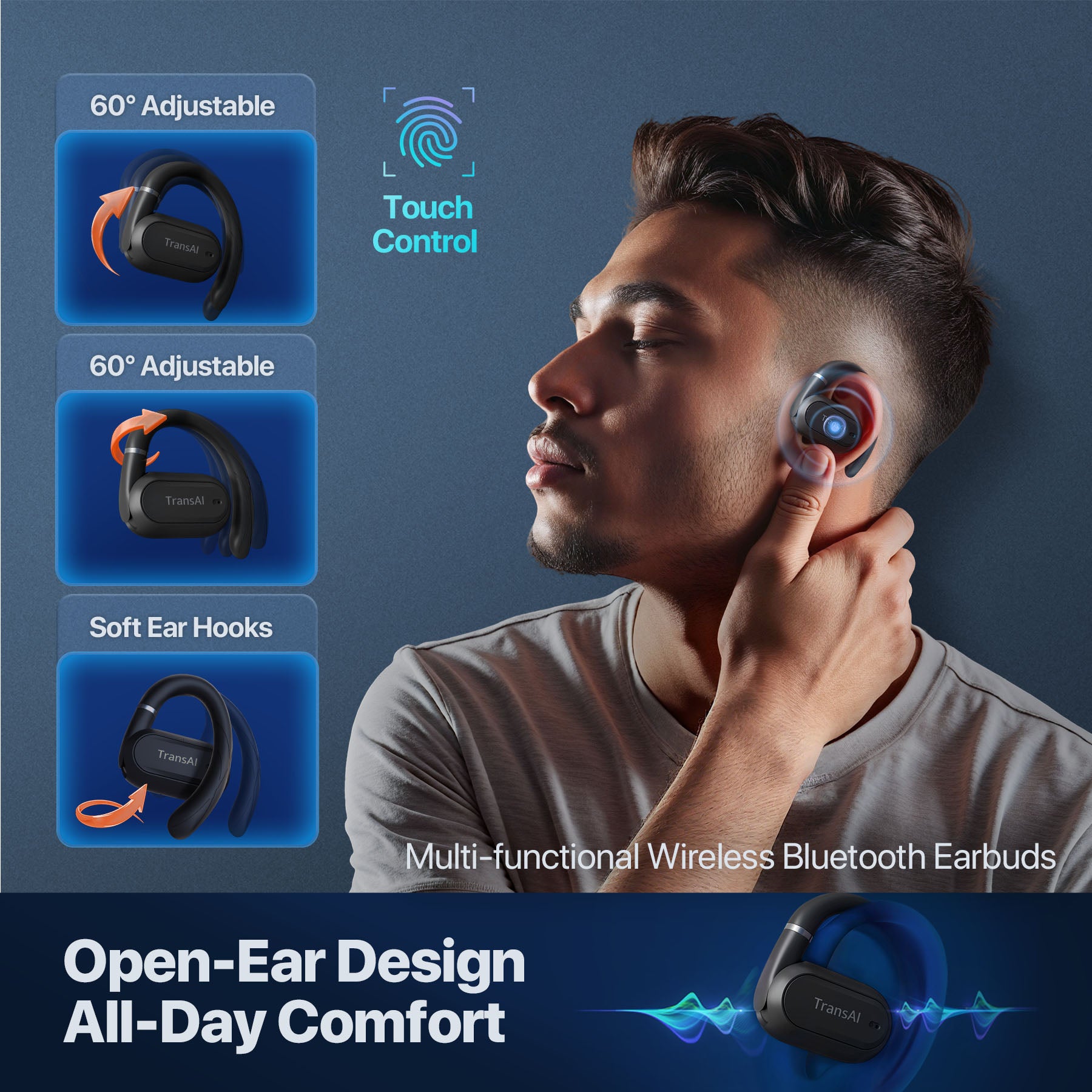 TransAI GO1 Fones de Ouvido Tradutores de Chamadas Telefônicas em Tempo Real Fones de Ouvido Tradutores Open-Ear com Gancho Ajustável