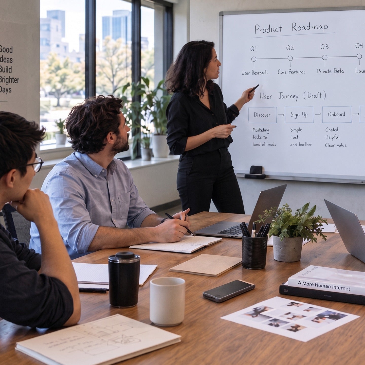 A product team reviews a roadmap during an in-person meeting with TransAI Note present on the table.