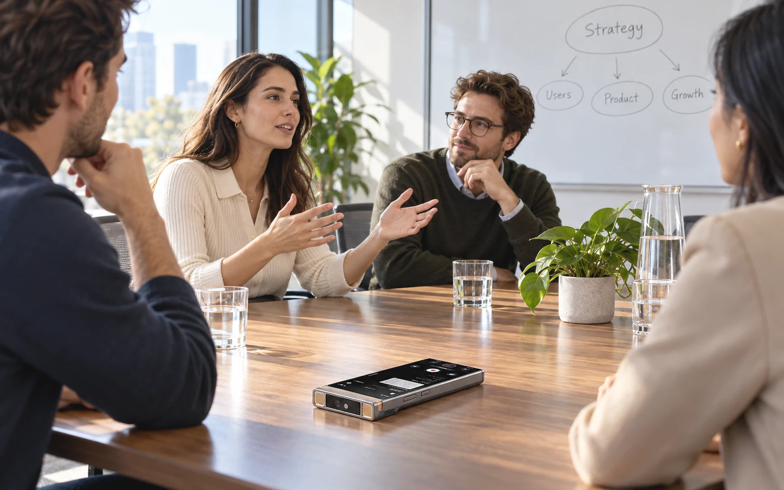 Colleagues in a meeting discussing a strategy whiteboard, with a TransAI Note-style device on the conference table. Working composite image.