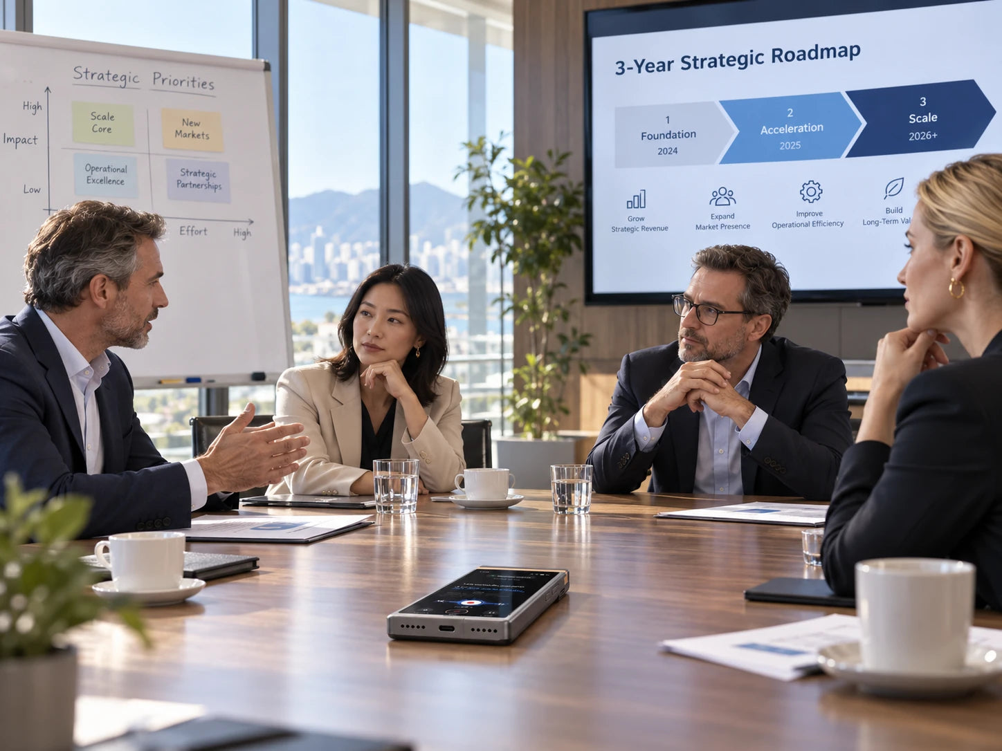 Executive leadership group discussing strategy across a meeting table.