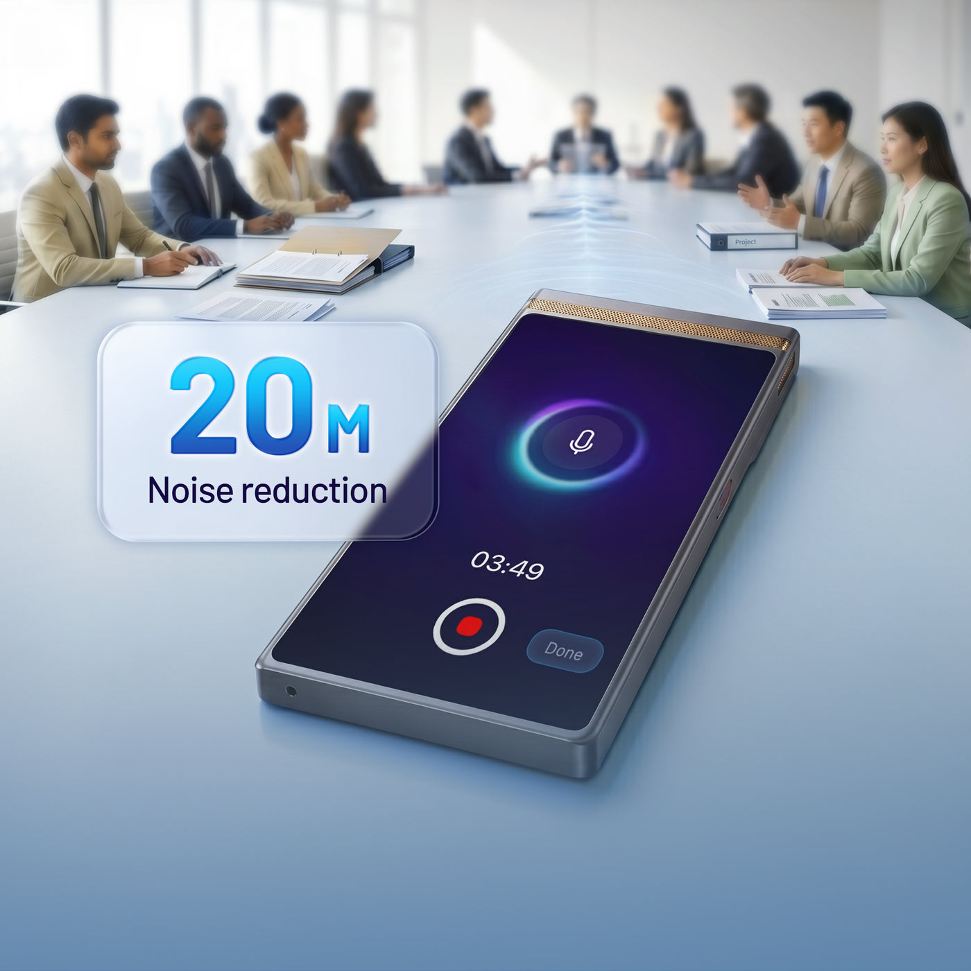 TransAI Note 8-microphone array picking up speakers across a conference room