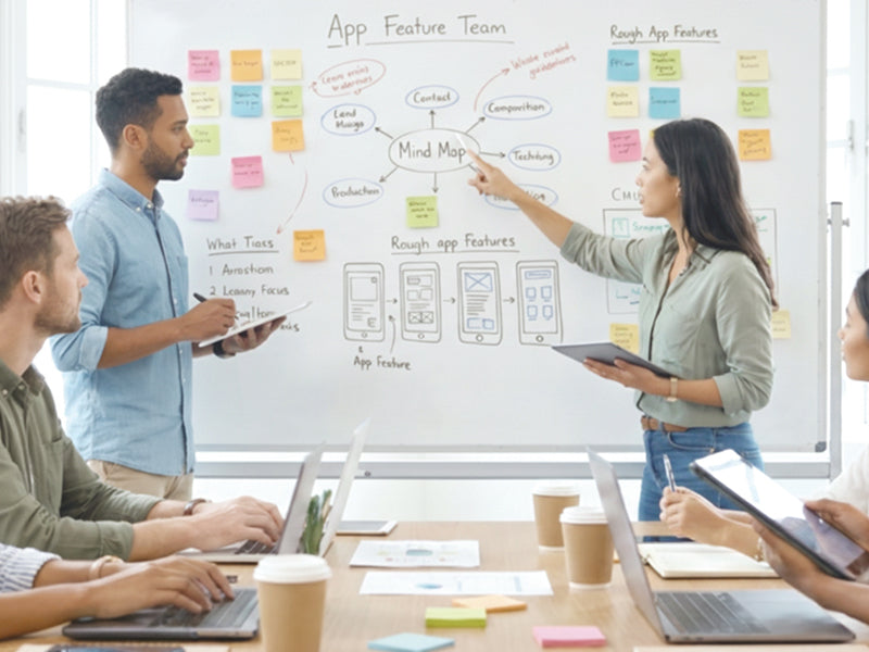 Product and R&D team discussing a whiteboard