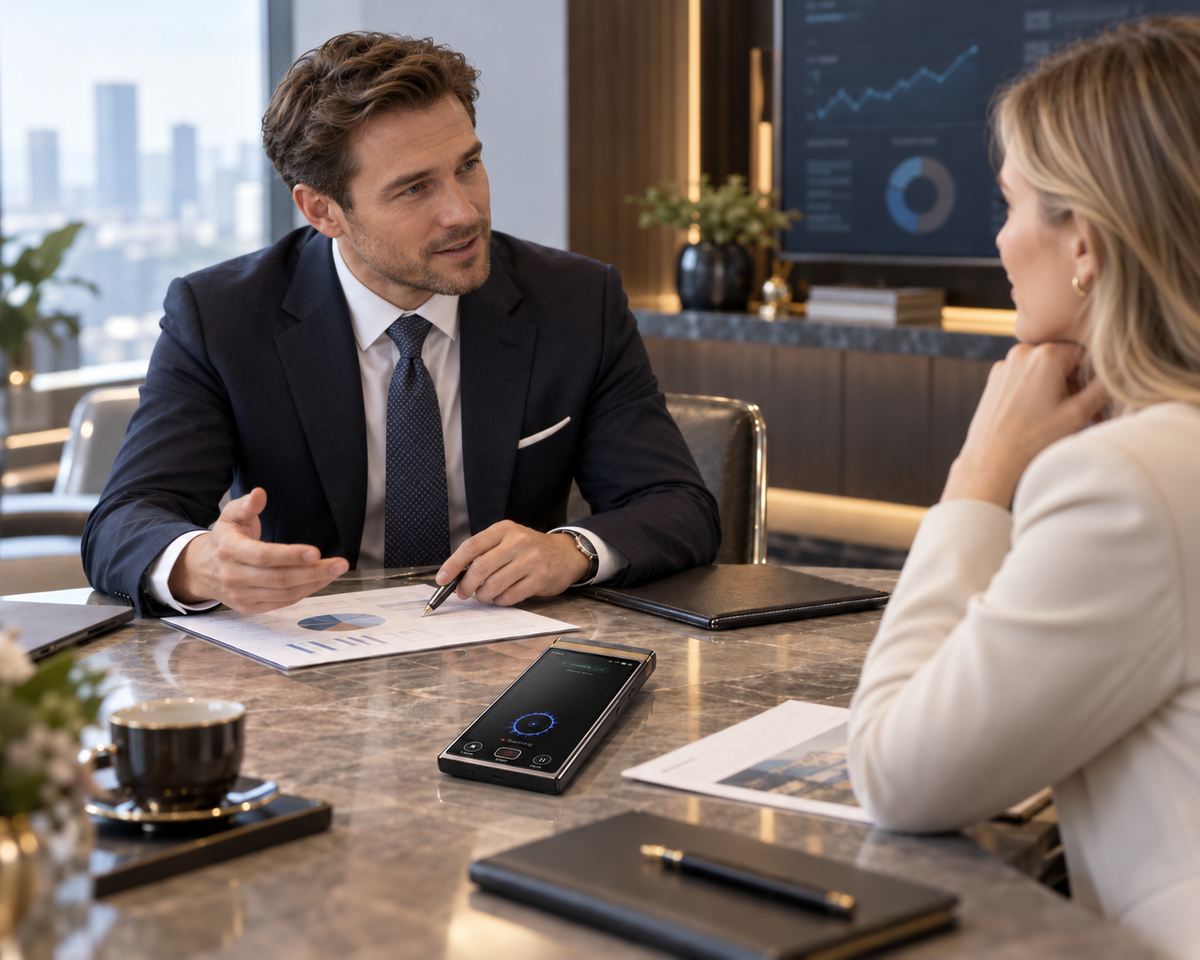 Financial advisor meeting with a client using TransAI Note
