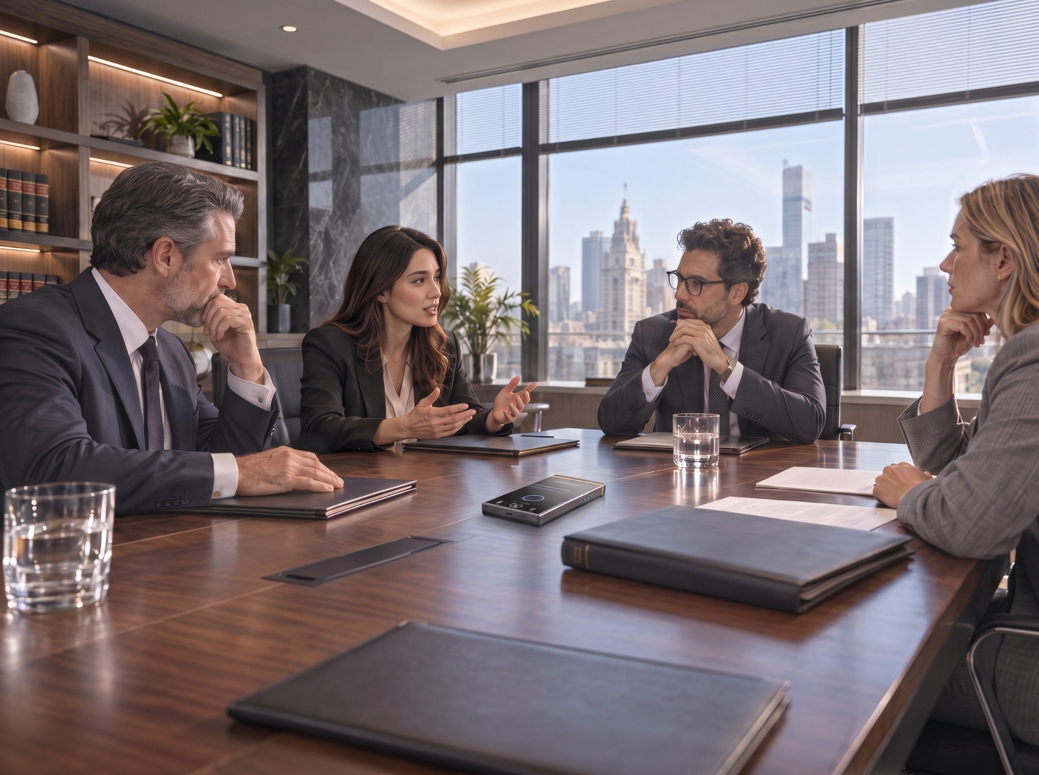 Four legal professionals in a conference-room meeting with a TransAI Note device on the table