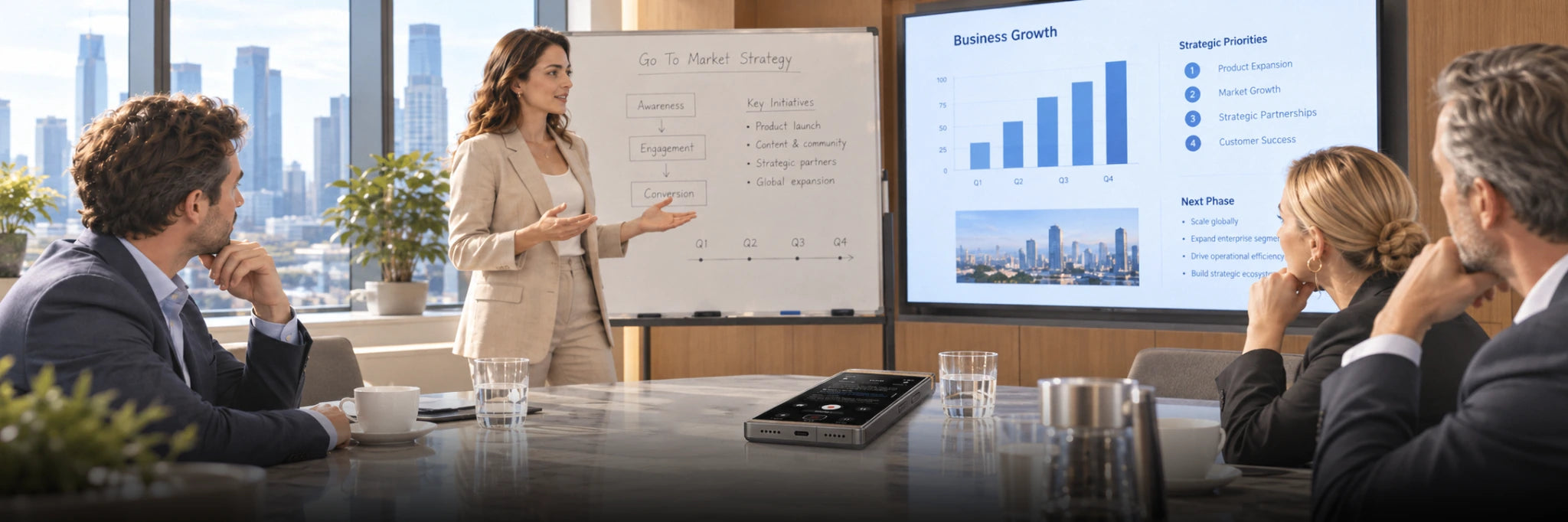 Concept executive meeting scene: a presenter discusses strategy beside a whiteboard and a Business Growth presentation screen; participants listen around a table with a flat concept recording device.
