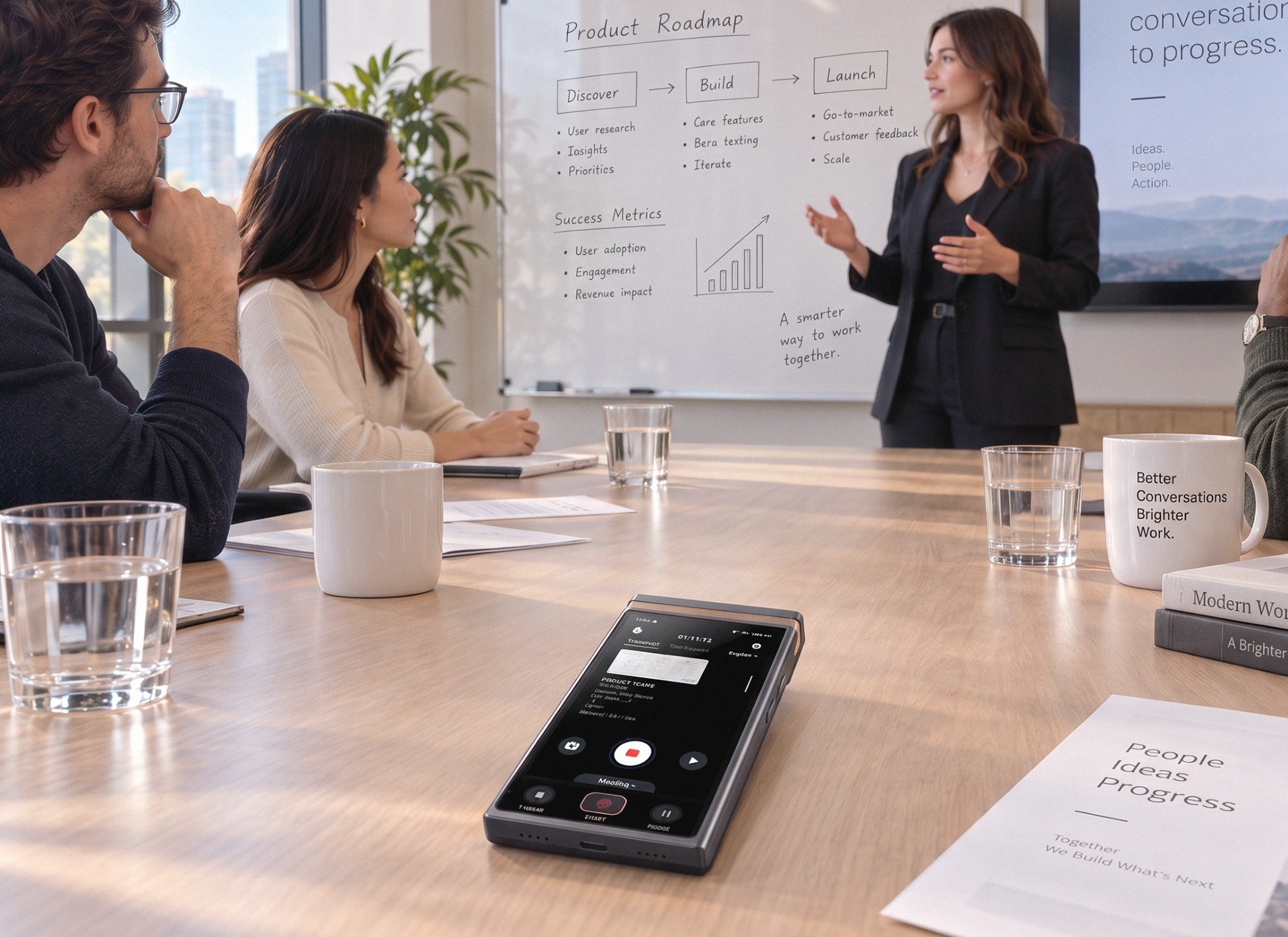 TransAI Note capturing a live in-person meeting with whiteboard context