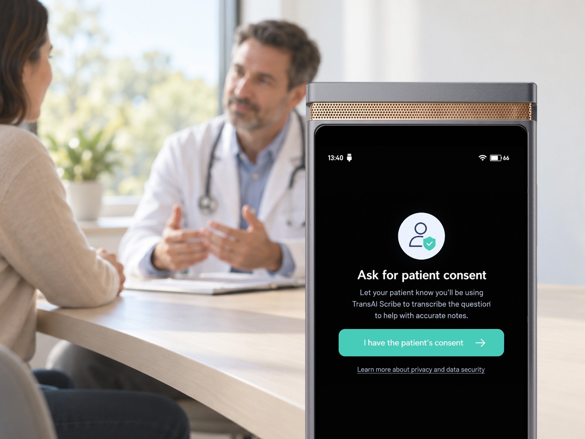 TransAI Scribe patient consent screen before a clinical session