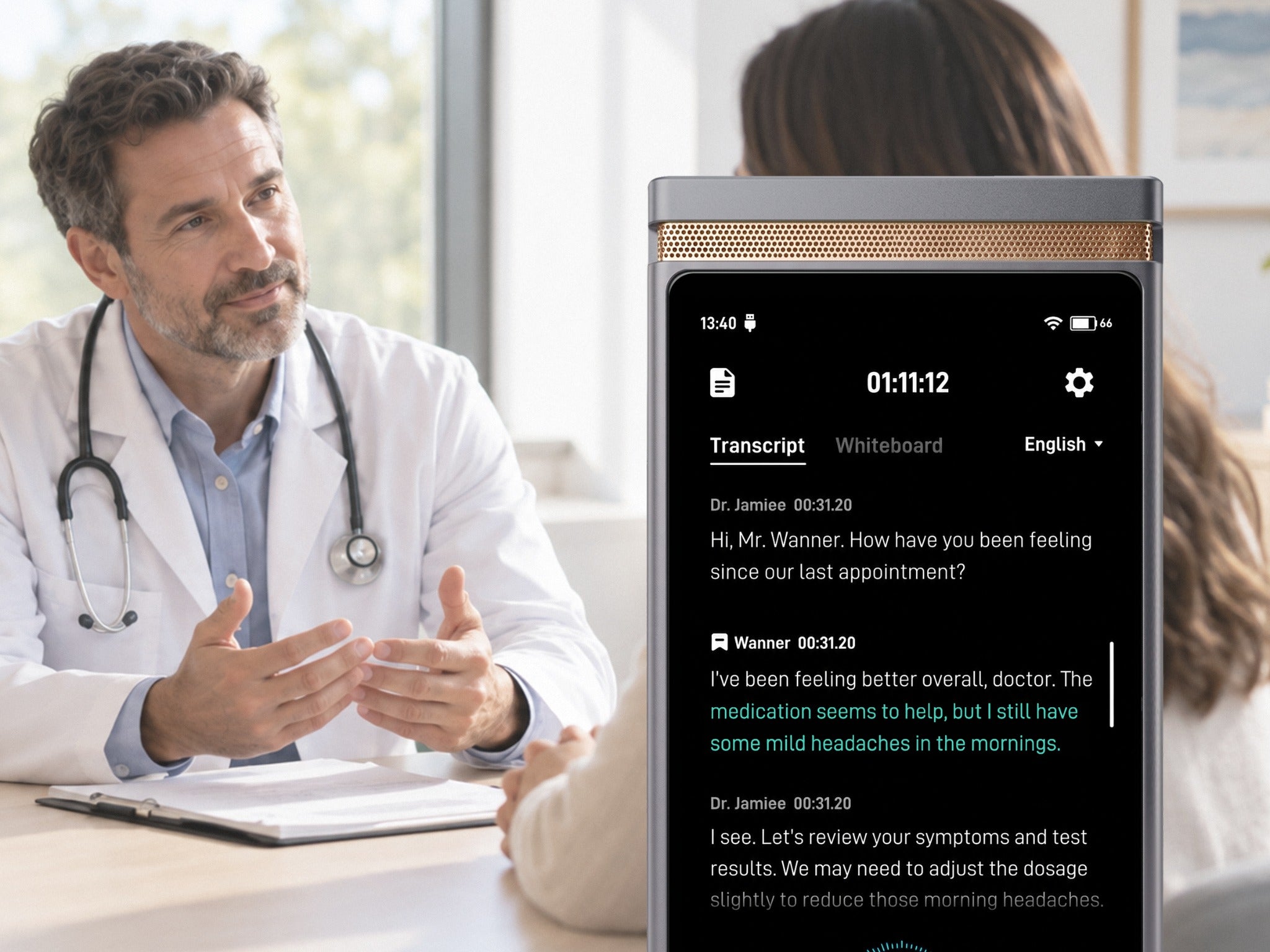 TransAI Scribe showing live transcription during a clinical session