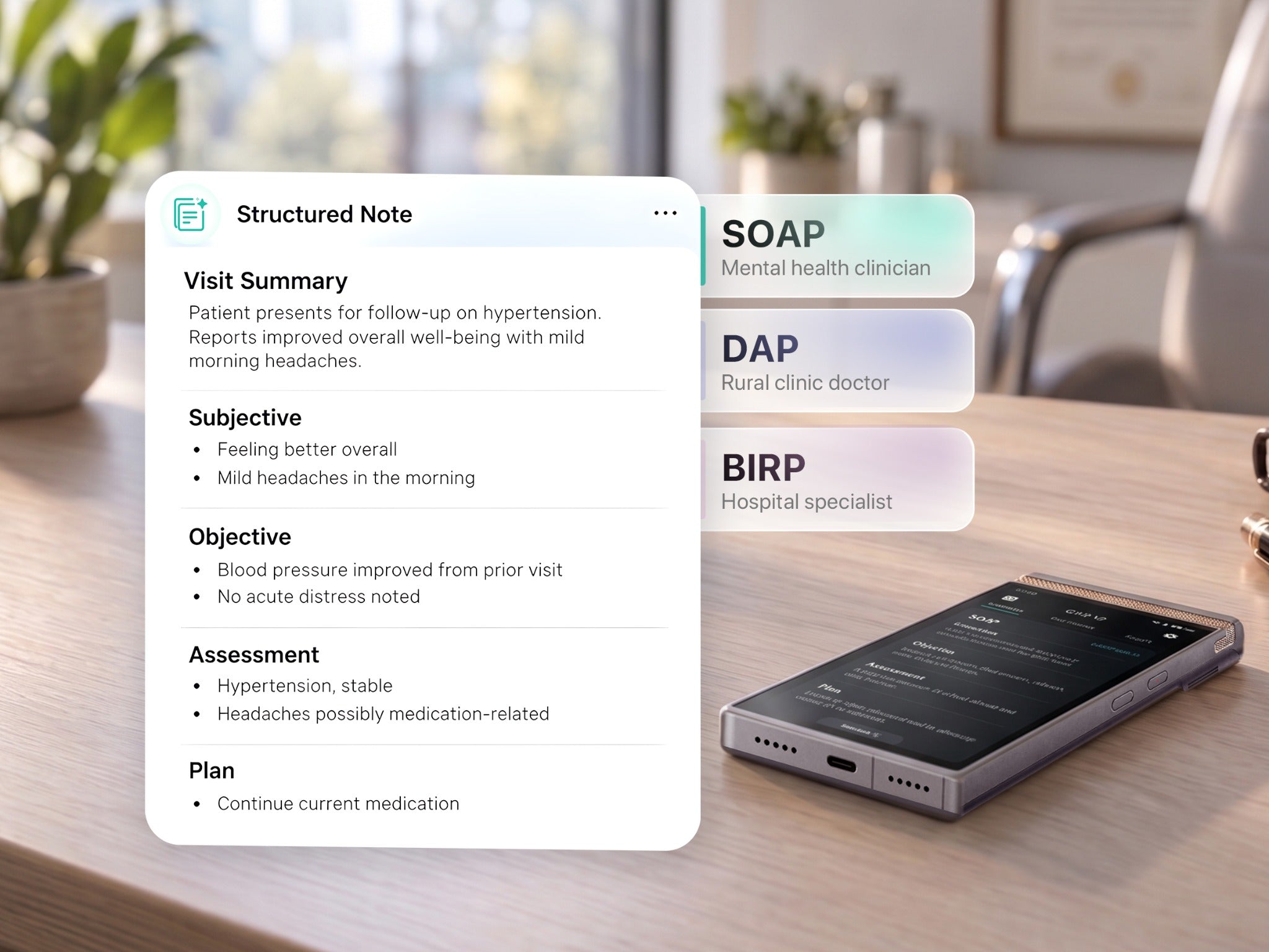 TransAI Scribe structured mental health note output