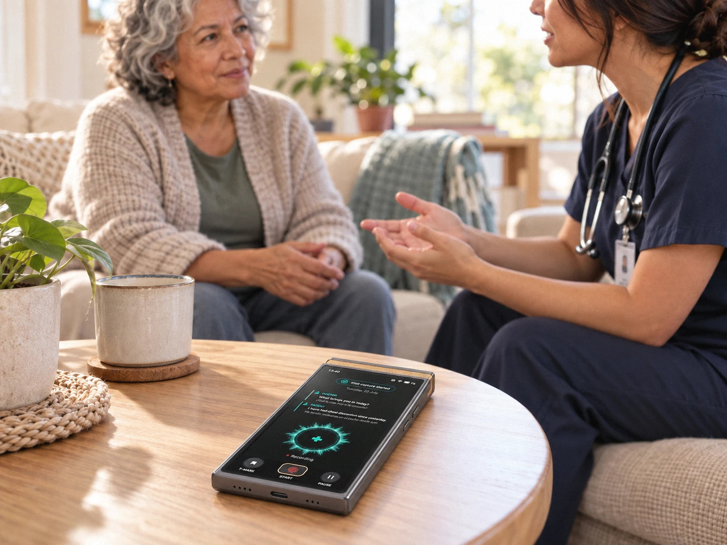 Illustrative conversation in a home-like setting with the recording device on a round table.