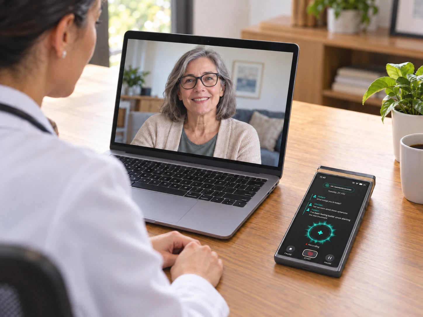 Illustrative telehealth session with a laptop video call and a separate recording device beside the computer.