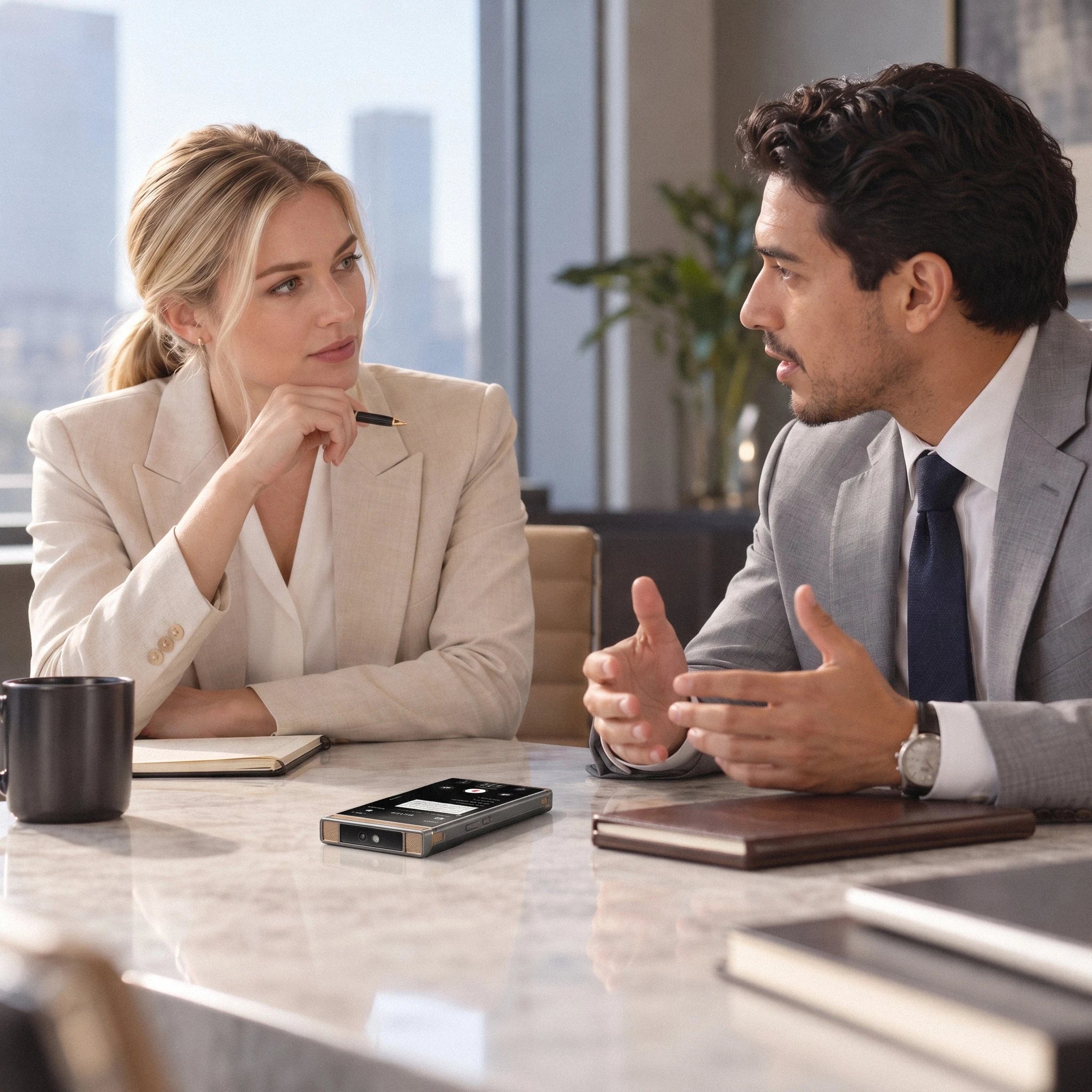Two professionals in a conversation at a meeting table, with a recording device placed in the foreground.