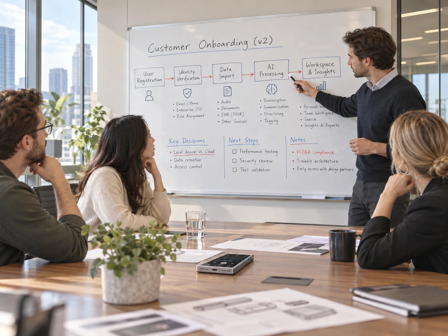 AI-generated American design review meeting: the Customer Onboarding v2 whiteboard, a presenter and a flat-lying Note-like device on a table; conceptual scene, not real recording evidence.