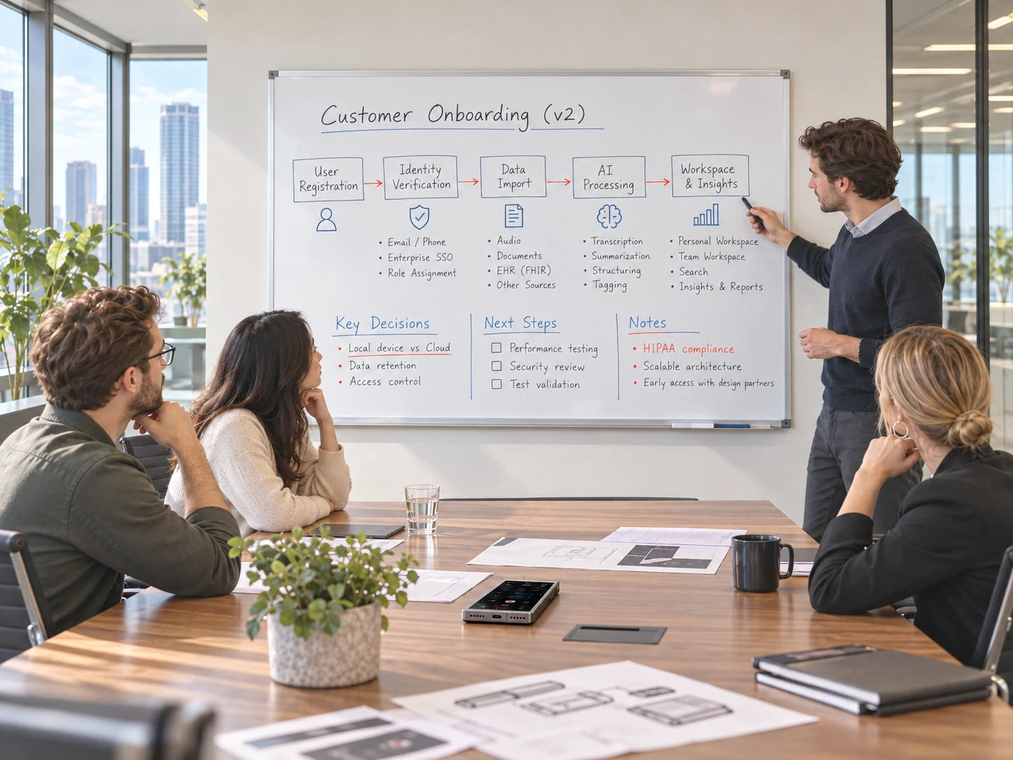 User-supplied whiteboard scene: Customer Onboarding (v2), flow and decision notes