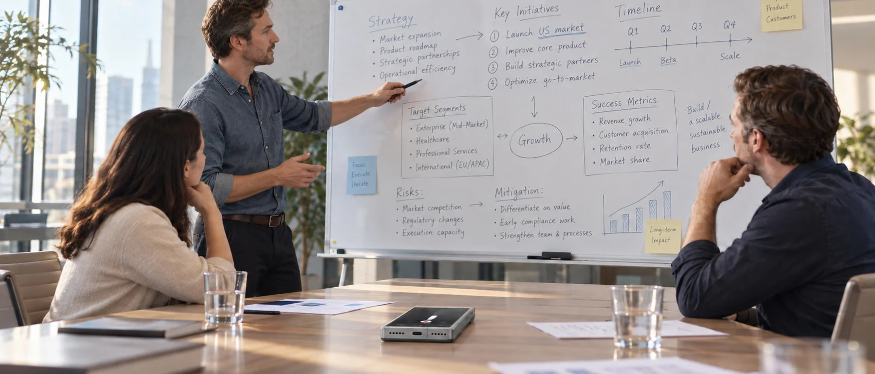 Engineering team working together in a product development meeting