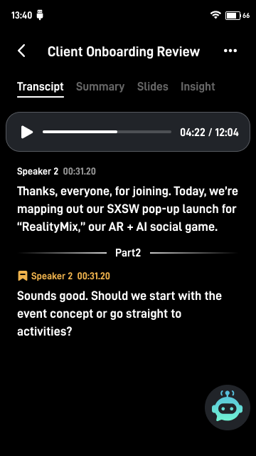 Original Transcript UI screenshot, scrollable within the fixed device