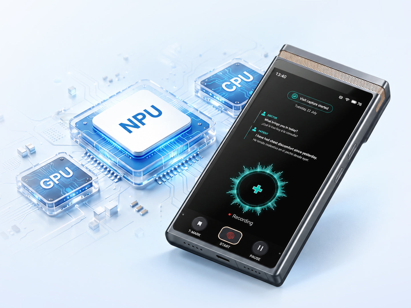 TransAI device alongside illustrated NPU, CPU and GPU graphics. Conceptual depiction; not verified internal hardware layout.