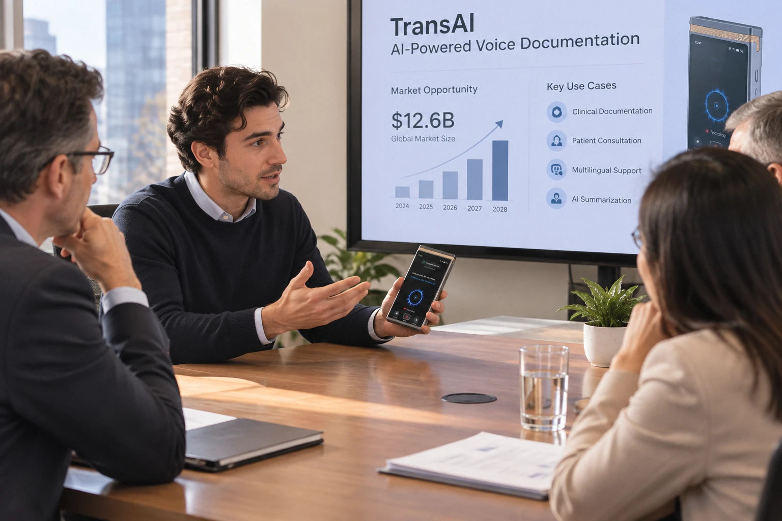 Founder presenting business charts during an investment review meeting.