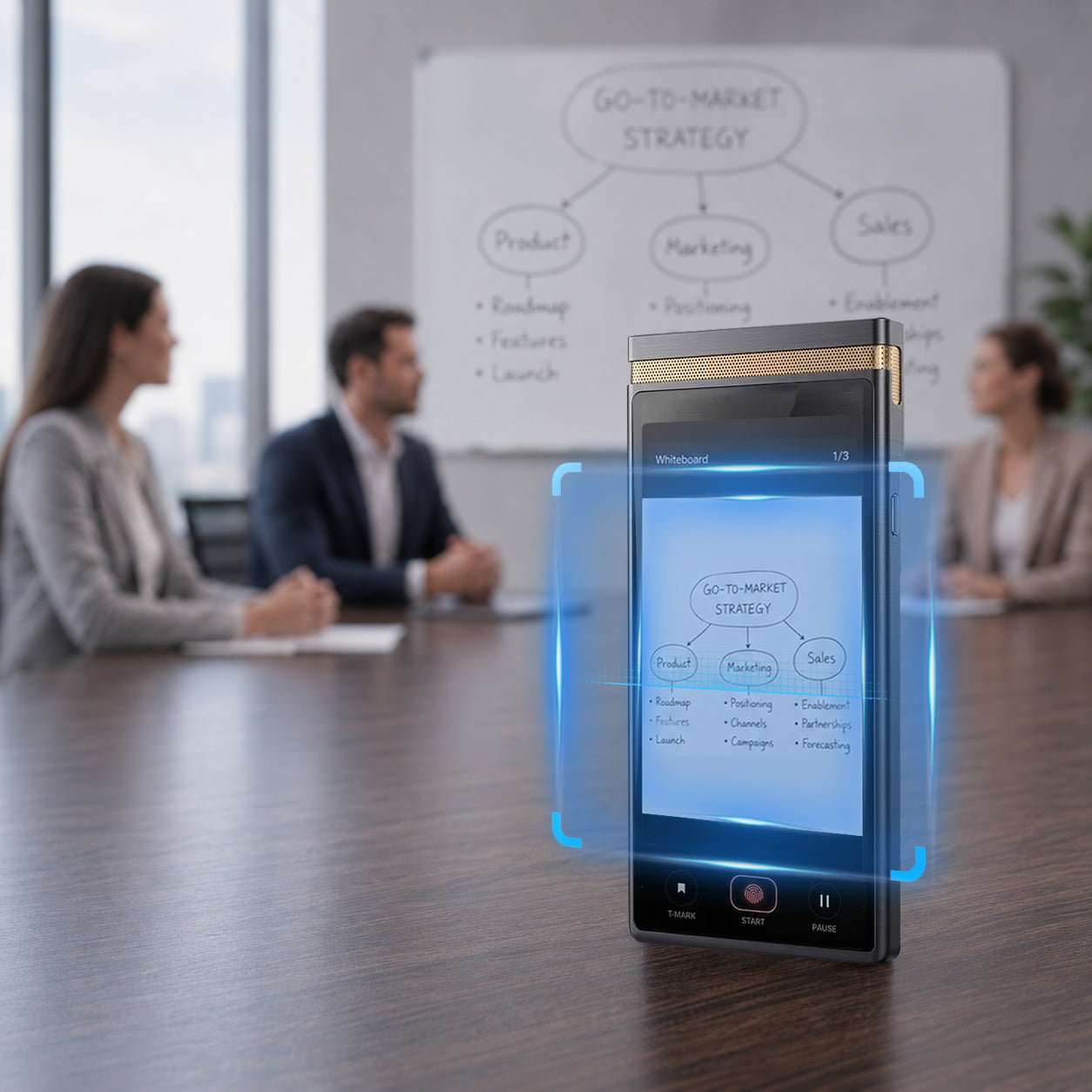 TransAI Note capturing a presentation and whiteboard in a meeting room